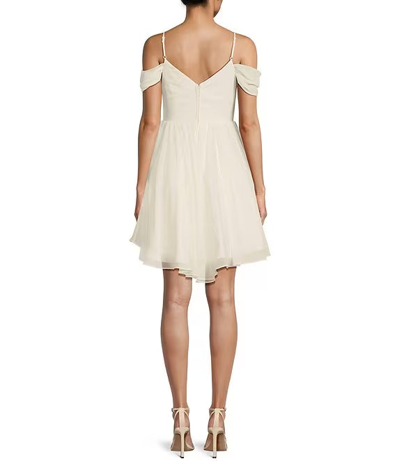 Playful Ivory Chiffon Off-the-Shoulder Short A-Line Dress for Homecoming & Cocktail Parties
