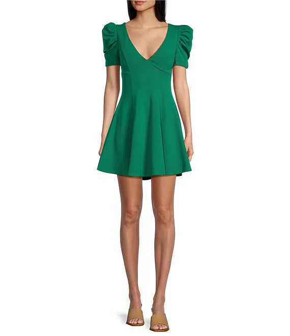 Green Crepe A-Line Short Dress with Puff Sleeves, V-Neck & Back Zip