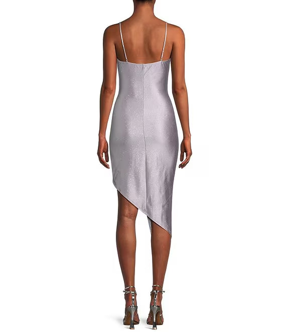 Vestido de fiesta de satén brillante, cruzado sintético, con dobladillo asimétrico y tirantes finos