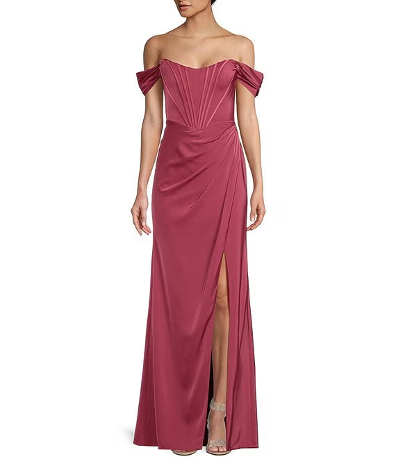Off shoulder tight fitting corset length prom dress