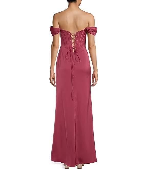 Off shoulder tight fitting corset length prom dress