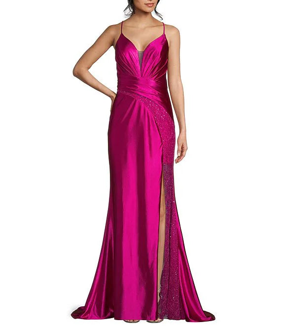 Pink Satin Sheath/column Floor-Length Evening Dress with Pleated V-Neck and Sequin Slit