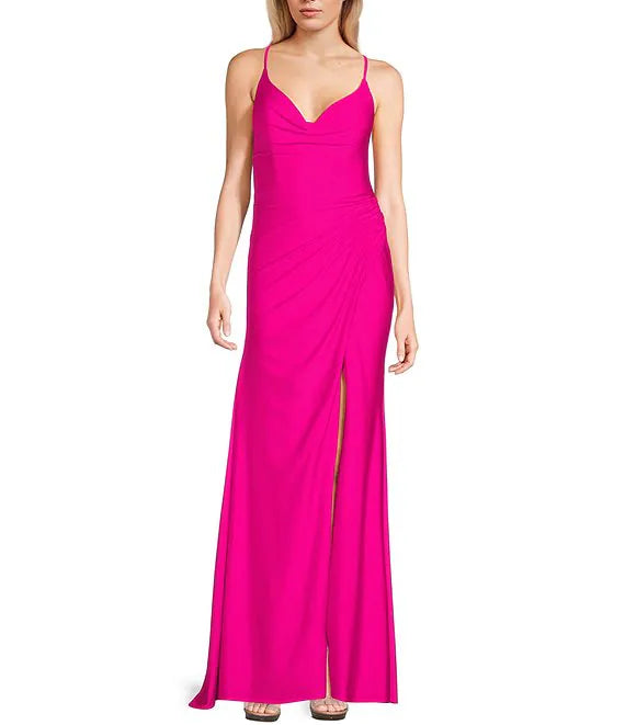 Black Satin Cowl Neck Sheath/column Floor-Length Evening Dress