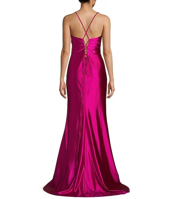Pink Satin Sheath/column Floor-Length Evening Dress with Pleated V-Neck and Sequin Slit
