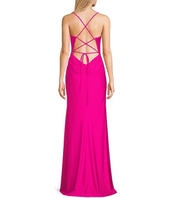 Black Satin Cowl Neck Sheath/column Floor-Length Evening Dress