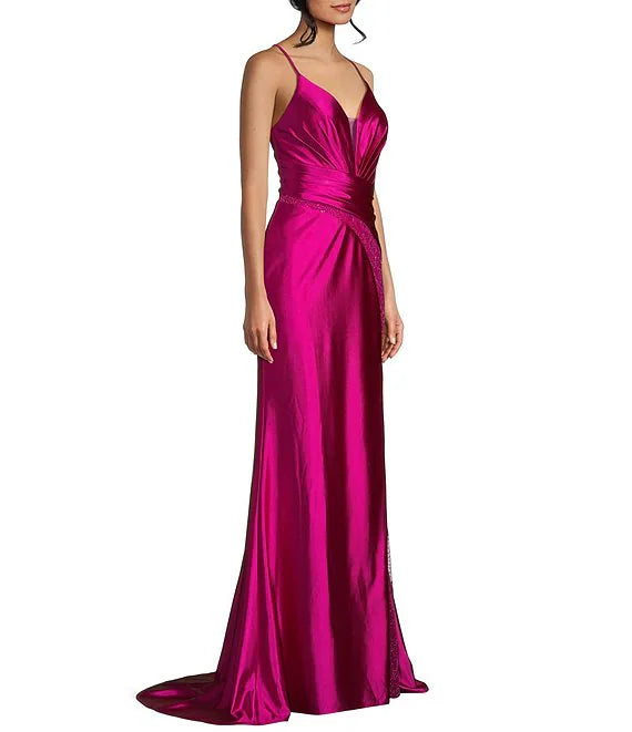 Pink Satin Sheath/column Floor-Length Evening Dress with Pleated V-Neck and Sequin Slit