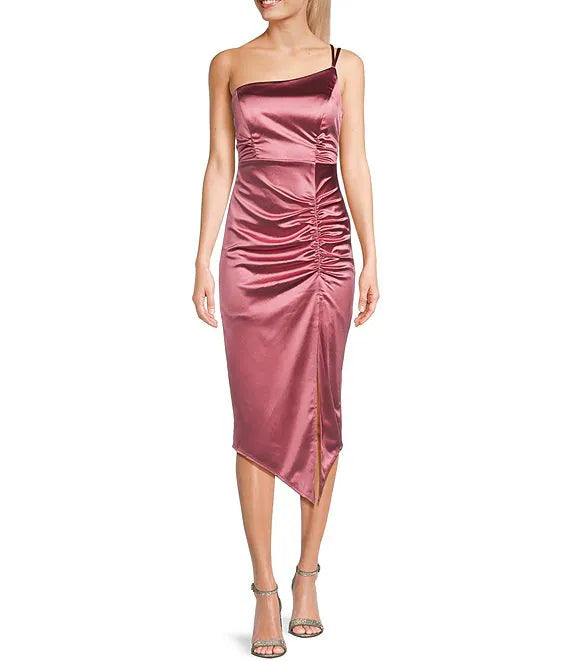 One shoulder pleated side slit satin mid length prom dress