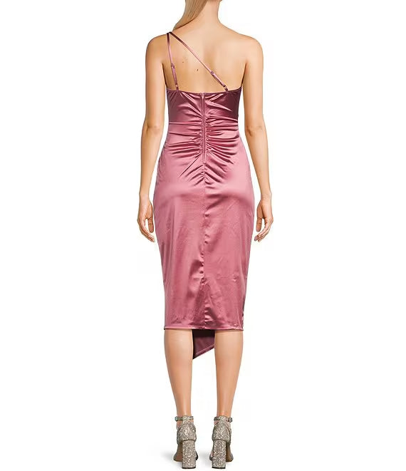 One shoulder pleated side slit satin mid length prom dress