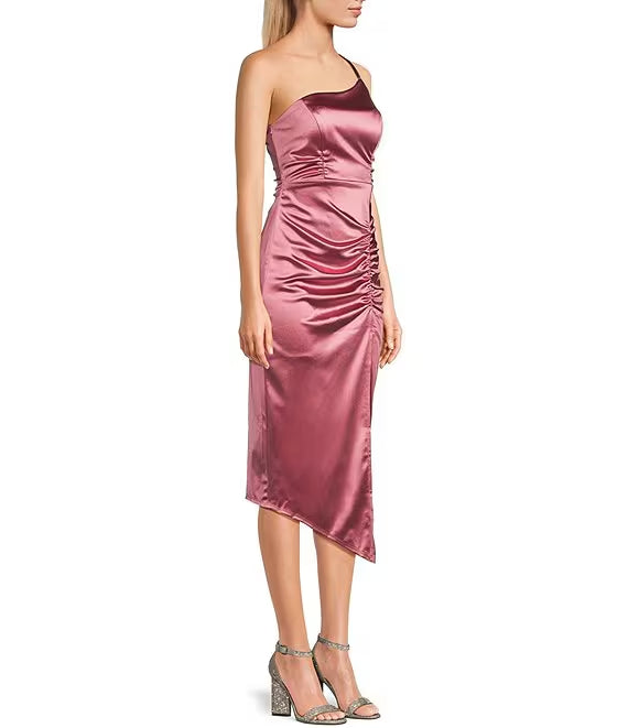 One shoulder pleated side slit satin mid length prom dress