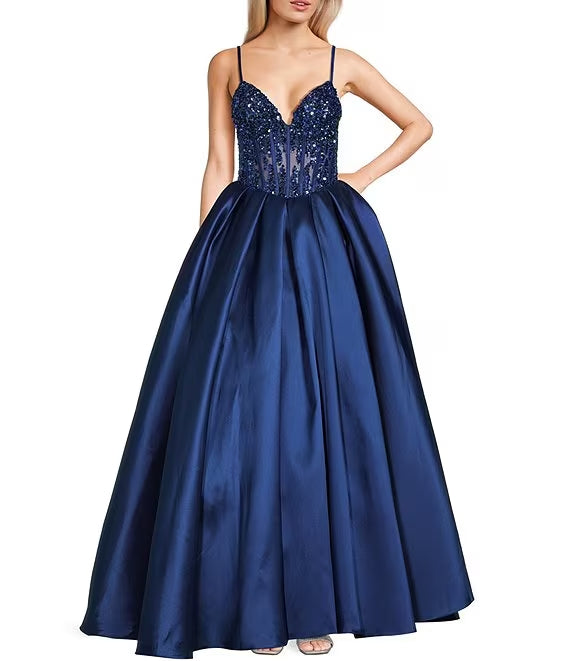Dark Navy Satin Ball Gown Floor-Length Dress with Sequin Sweetheart Bodice and Pleated Skirt