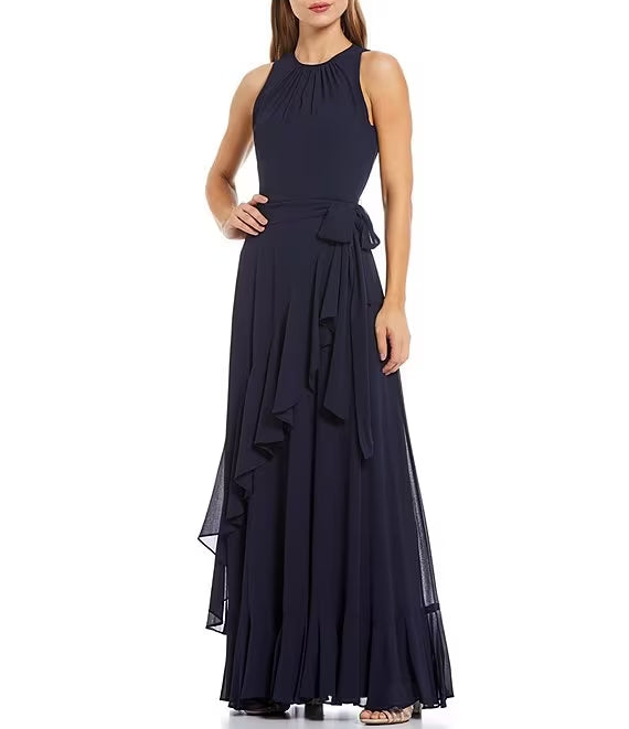 Sleeveless lace up waist with layered ruffle hem for extra long evening dress