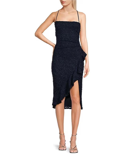 Vestido de fiesta con dobladillo de encaje floral asimétrico y bordes con volantes