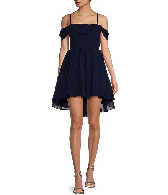 Off shoulder neckline high and low profile speaker prom dress