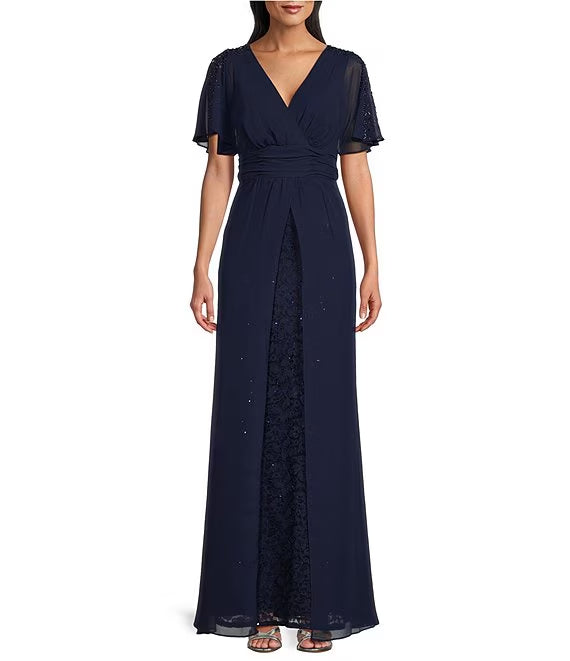Dark Navy Chiffon A-Line Floor-Length Evening Dress
