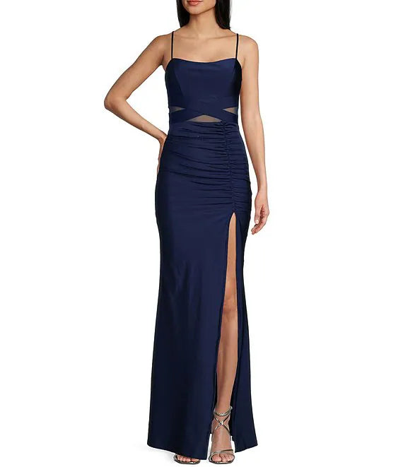 Square collar phantom waist side slit long evening dress