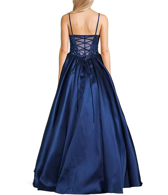 Dark Navy Satin Ball Gown Floor-Length Dress with Sequin Sweetheart Bodice and Pleated Skirt