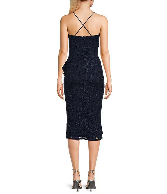 Vestido de fiesta con dobladillo de encaje floral asimétrico y bordes con volantes