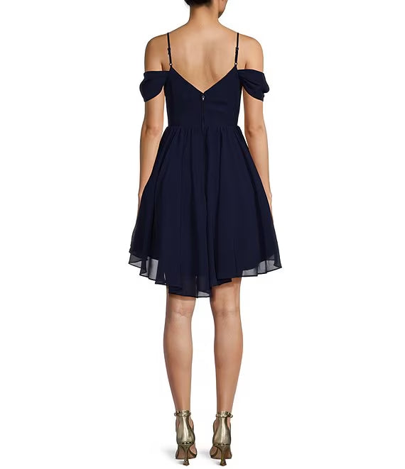 Off shoulder neckline high and low profile speaker prom dress