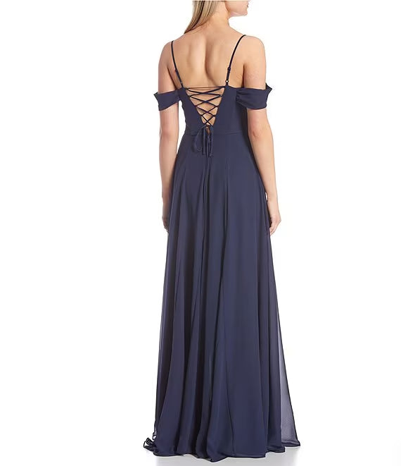 Off shoulder sweetheart collar with side slit chiffon long prom dress