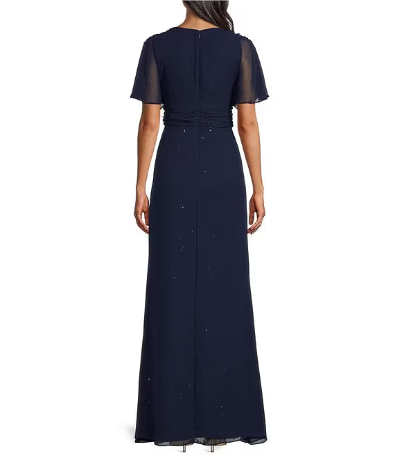Dark Navy Chiffon A-Line Floor-Length Evening Dress