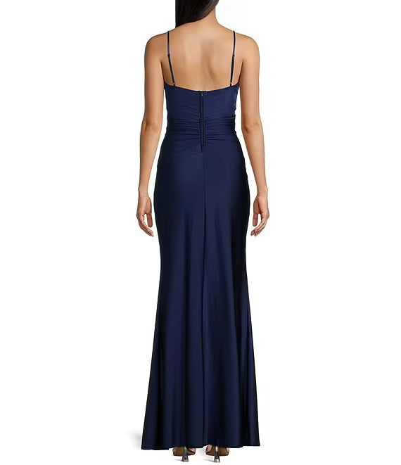 Square collar phantom waist side slit long evening dress