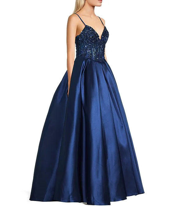 Dark Navy Satin Ball Gown Floor-Length Dress with Sequin Sweetheart Bodice and Pleated Skirt