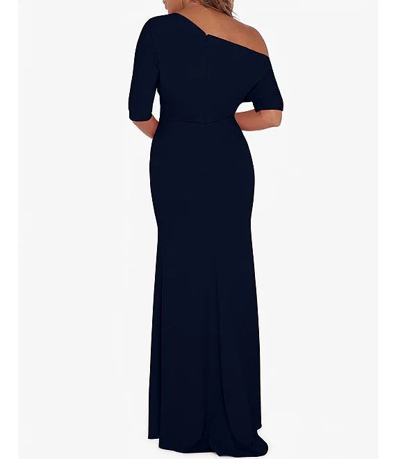 Vestido de noche asimétrico de crepé con cola de pez, manga corta y un solo hombro