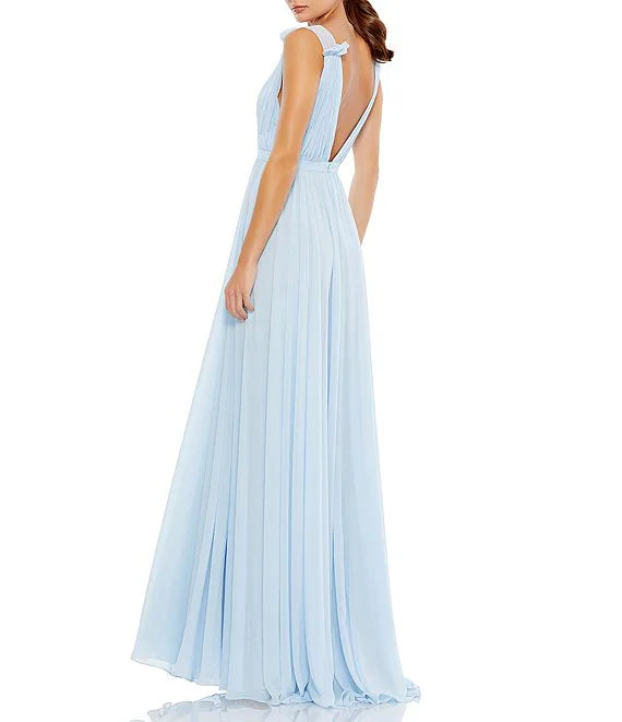 Pleated chiffon V-neck ruffled edge sleeveless A-line evening dress