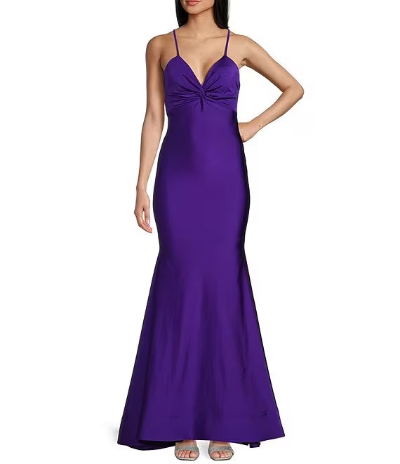 Sparkling  twisted front V-neck thin shoulder strap dress prom dress