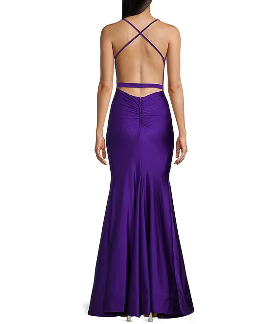 Sparkling  twisted front V-neck thin shoulder strap dress prom dress