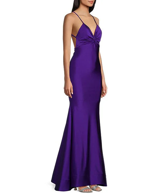 Purple Satin Mermaid Floor-Length V-Neck Dress for Prom & Formal Events