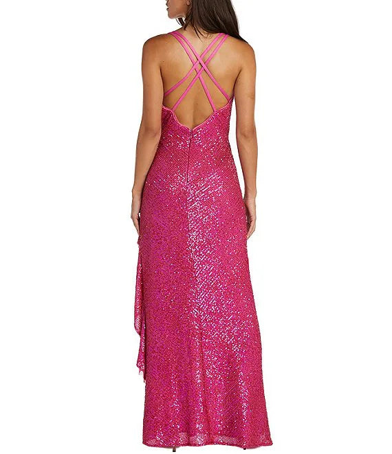 Pink Sequin V-Neck High-Low Dress with Cascading Ruffles and High Slit