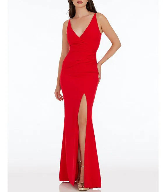 Deep V-neck sleeveless side front slit prom dress