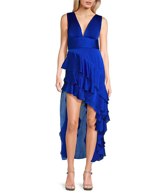 Royal Blue Chiffon A-Line Asymmetrical Evening Dress with V-Neck, Pleated Bodice, and Ruffled High-Low Skirt