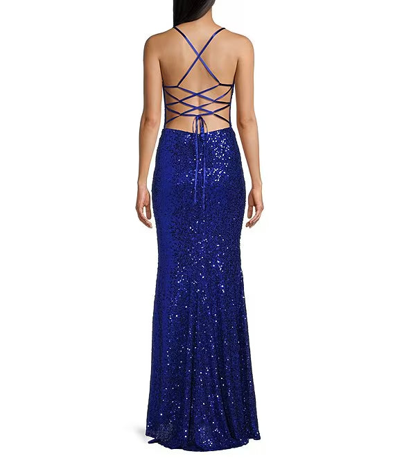 Sequin high neckline cross back slit long prom dress
