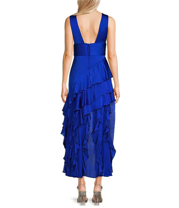 Royal Blue Chiffon A-Line Asymmetrical Evening Dress with V-Neck, Pleated Bodice, and Ruffled High-Low Skirt