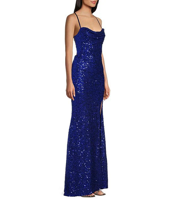 Sequin high neckline cross back slit long prom dress