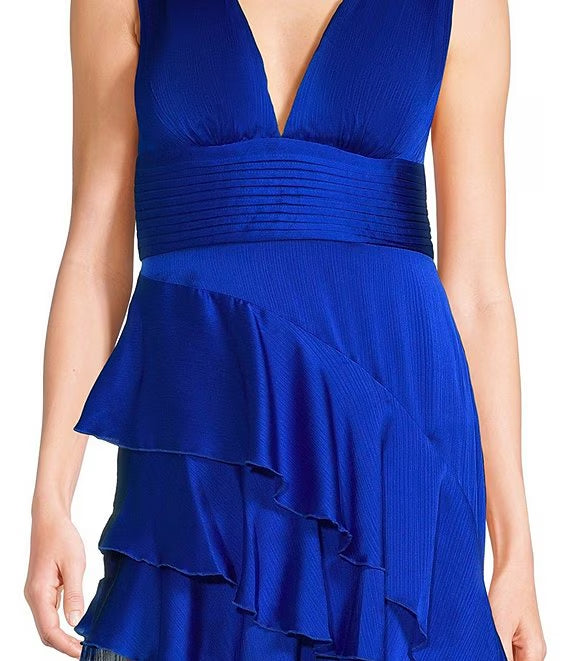 Royal Blue Chiffon A-Line Asymmetrical Evening Dress with V-Neck, Pleated Bodice, and Ruffled High-Low Skirt