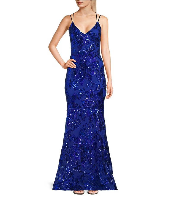 Royal Blue Sequin V-Neck Floor-Length Sheath/Column Evening Dress with Criss-Cross Straps