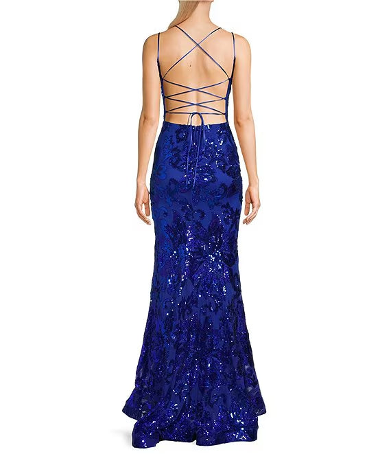 Royal Blue Sequin V-Neck Floor-Length Sheath/Column Evening Dress with Criss-Cross Straps