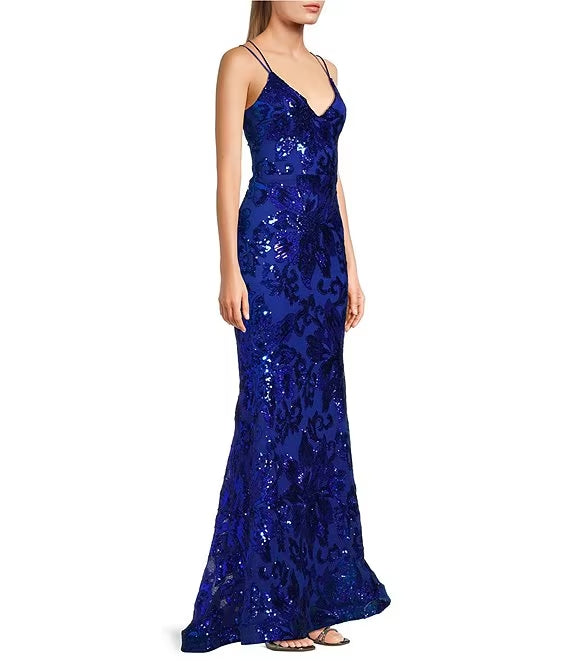 Royal Blue Sequin V-Neck Floor-Length Sheath/Column Evening Dress with Criss-Cross Straps