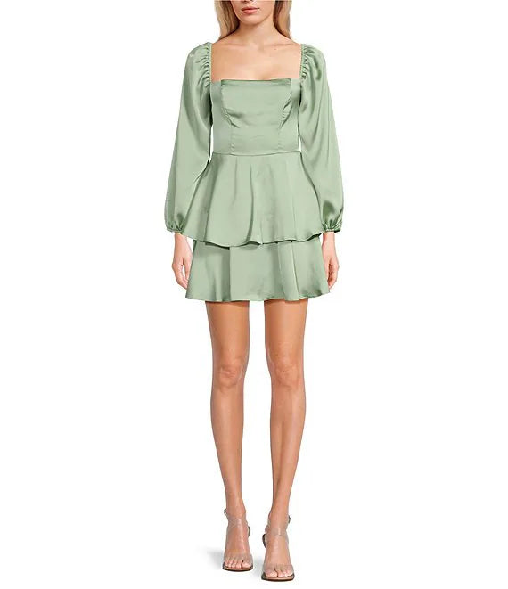 Solid color bubble crepe long bubble sleeve square neck ruffled edge skirt prom dress