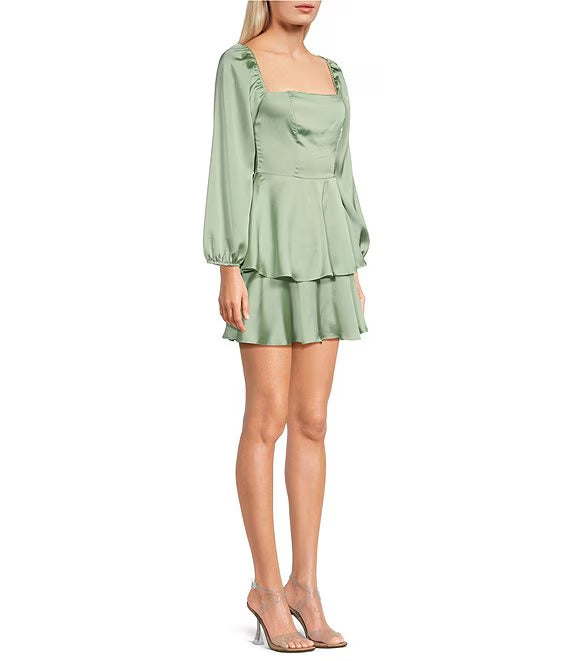 Solid color bubble crepe long bubble sleeve square neck ruffled edge skirt prom dress