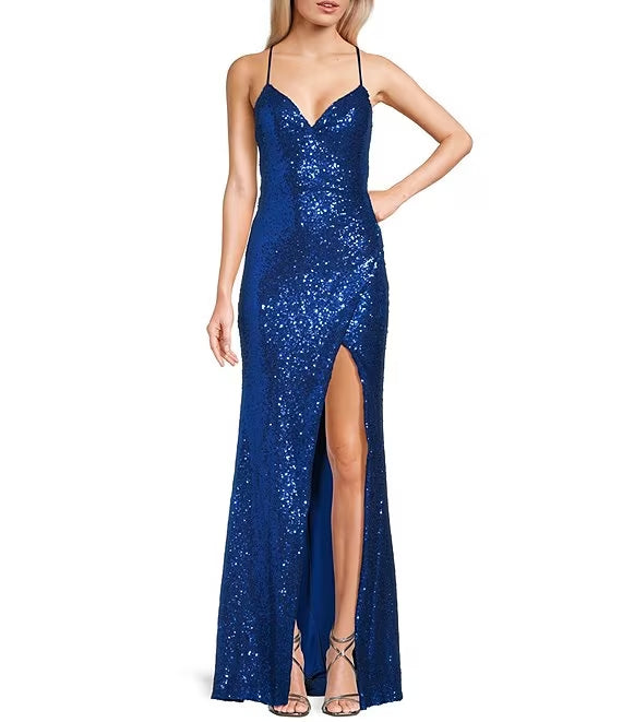Royal Blue Sequin V-Neck Sheath Floor-Length Evening Dress with High Slit