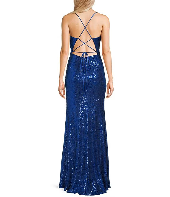 Royal Blue Sequin V-Neck Sheath Floor-Length Evening Dress with High Slit