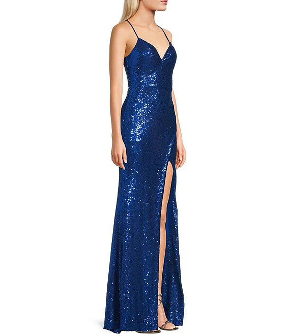 Royal Blue Sequin V-Neck Sheath Floor-Length Evening Dress with High Slit