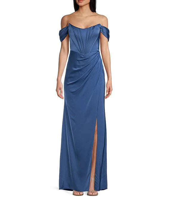 Off shoulder tight fitting corset length prom dress