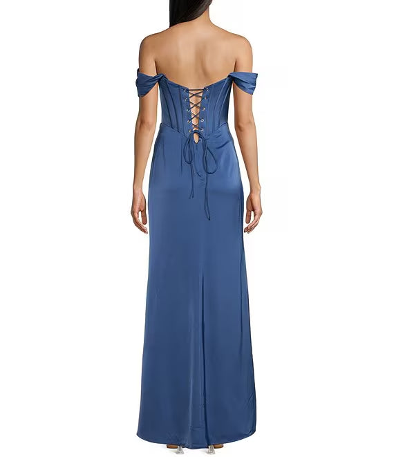 Off shoulder tight fitting corset length prom dress