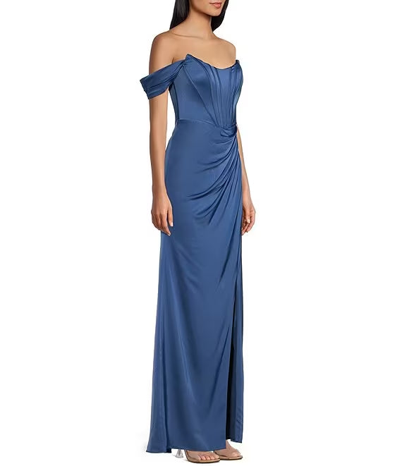 Off shoulder tight fitting corset length prom dress