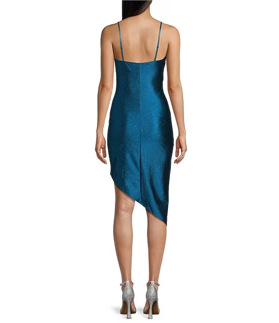 Vestido de fiesta de satén brillante, cruzado sintético, con dobladillo asimétrico y tirantes finos